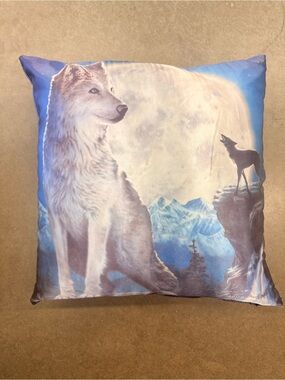 Moonlit Wolf Scenic Throw Pillow in Blue and White